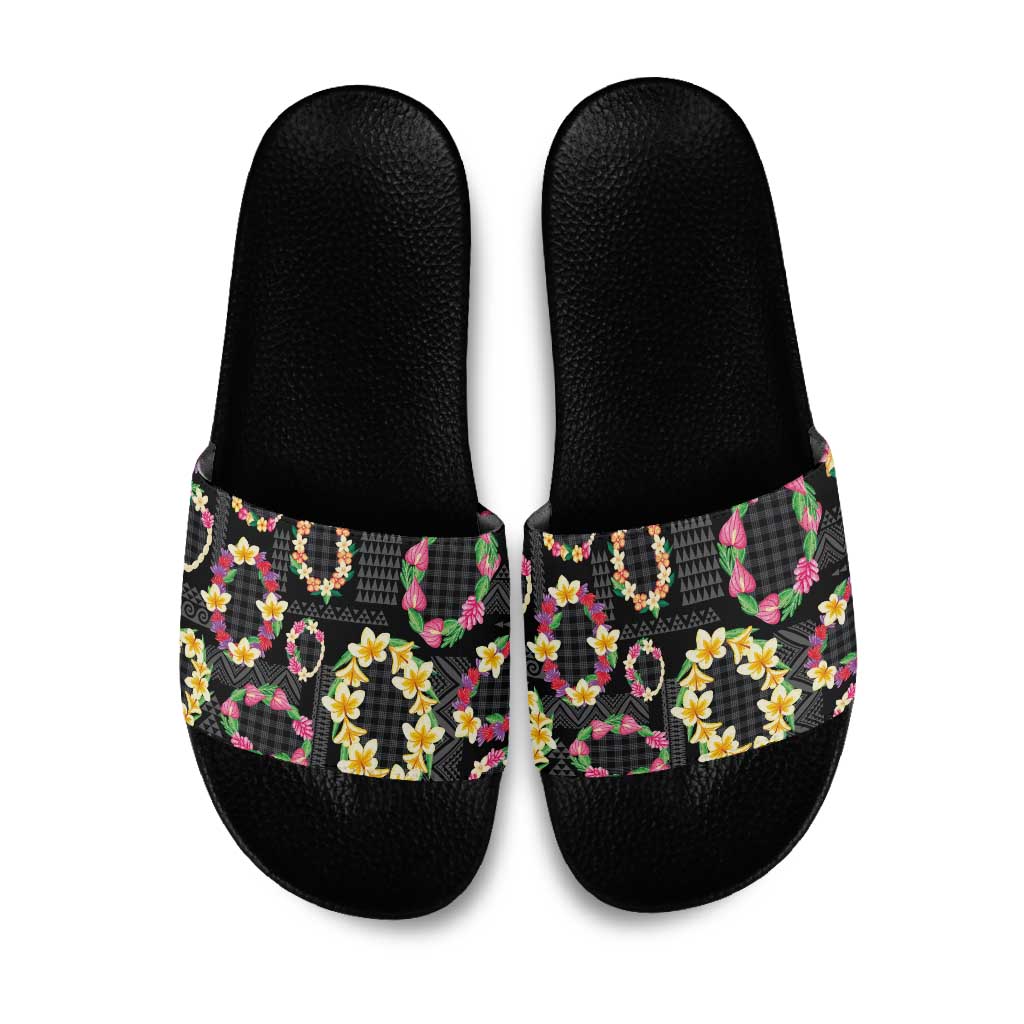 Hawaiian Kakau Tattoo Leis and Palaka Pattern Slide Sandals Traditional Aloha Tribal Black Color