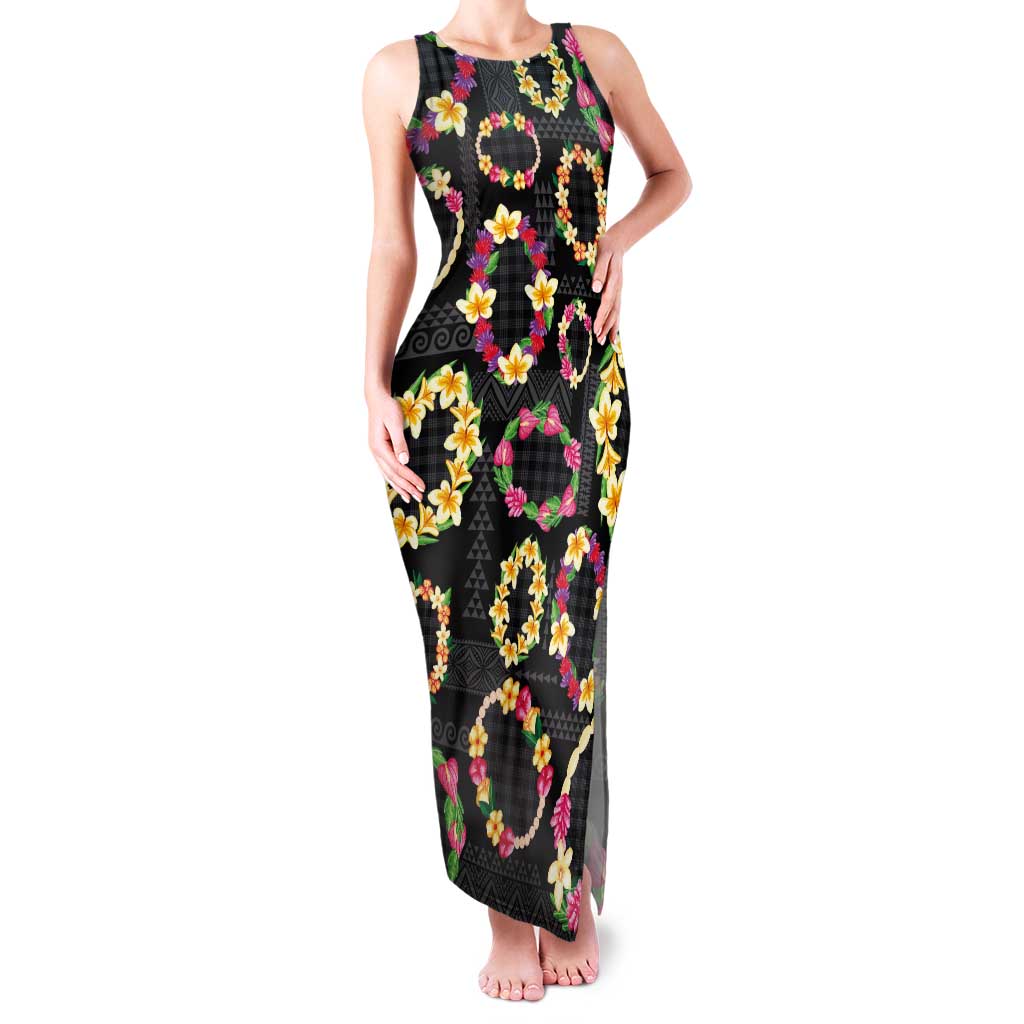 Hawaiian Kakau Tattoo Leis and Palaka Pattern Tank Maxi Dress Traditional Aloha Tribal Black Color LT03 Women Black - Polynesian Pride