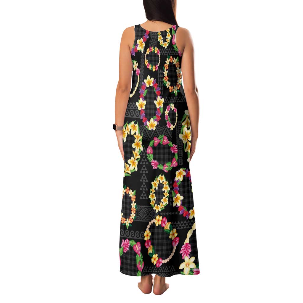 Hawaiian Kakau Tattoo Leis and Palaka Pattern Tank Maxi Dress Traditional Aloha Tribal Black Color LT03 - Polynesian Pride