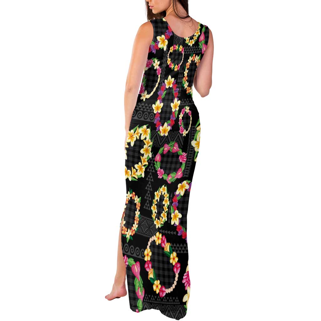 Hawaiian Kakau Tattoo Leis and Palaka Pattern Tank Maxi Dress Traditional Aloha Tribal Black Color LT03 - Polynesian Pride