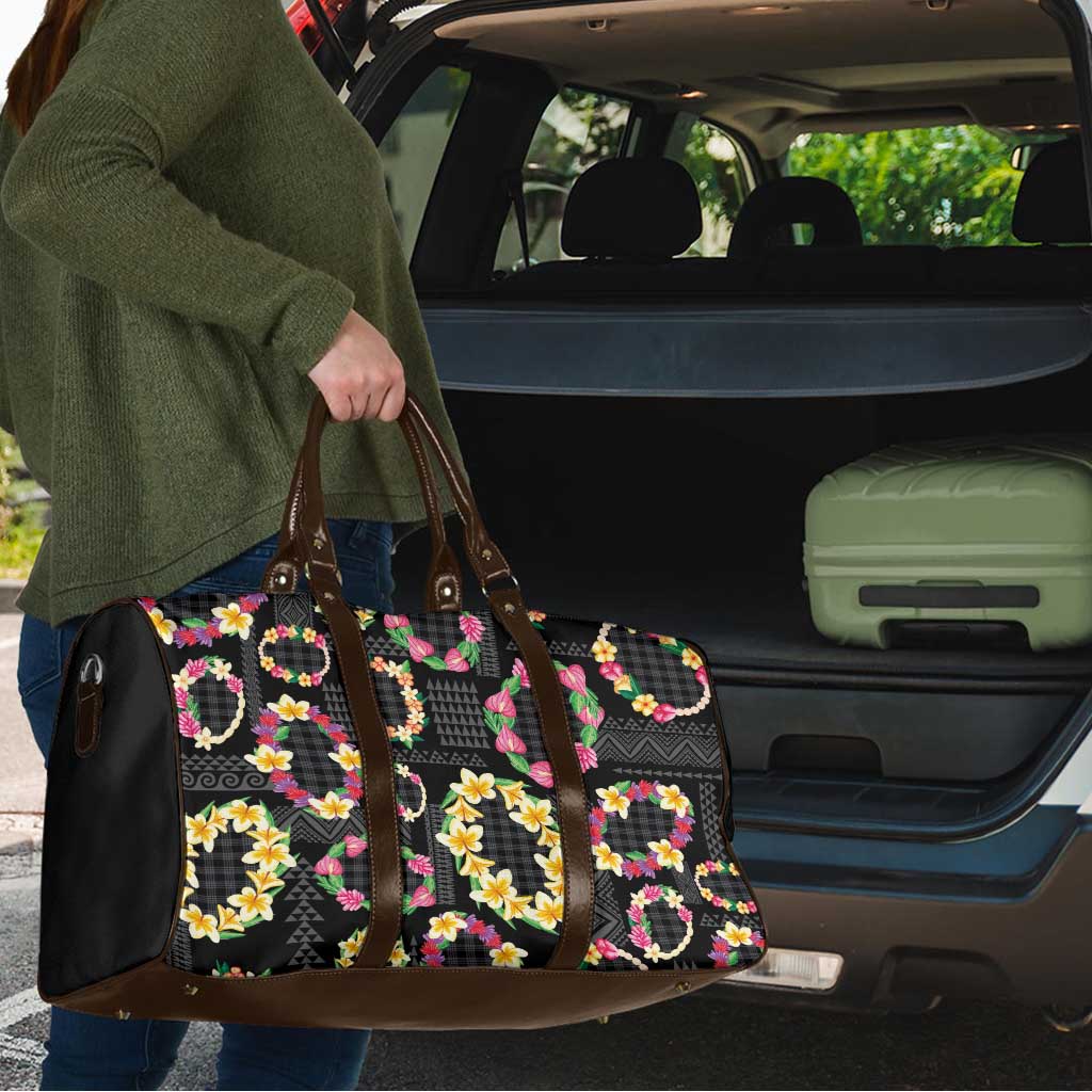 Hawaiian Kakau Tattoo Leis and Palaka Pattern Travel Bag Traditional Aloha Tribal Black Color
