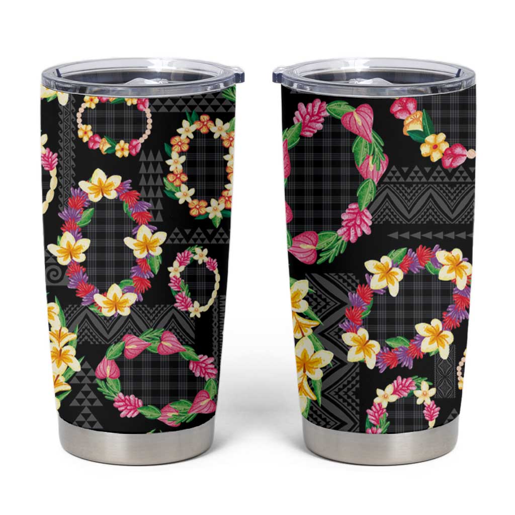 Hawaiian Kakau Tattoo Leis and Palaka Pattern Tumbler Cup Traditional Aloha Tribal Black Color