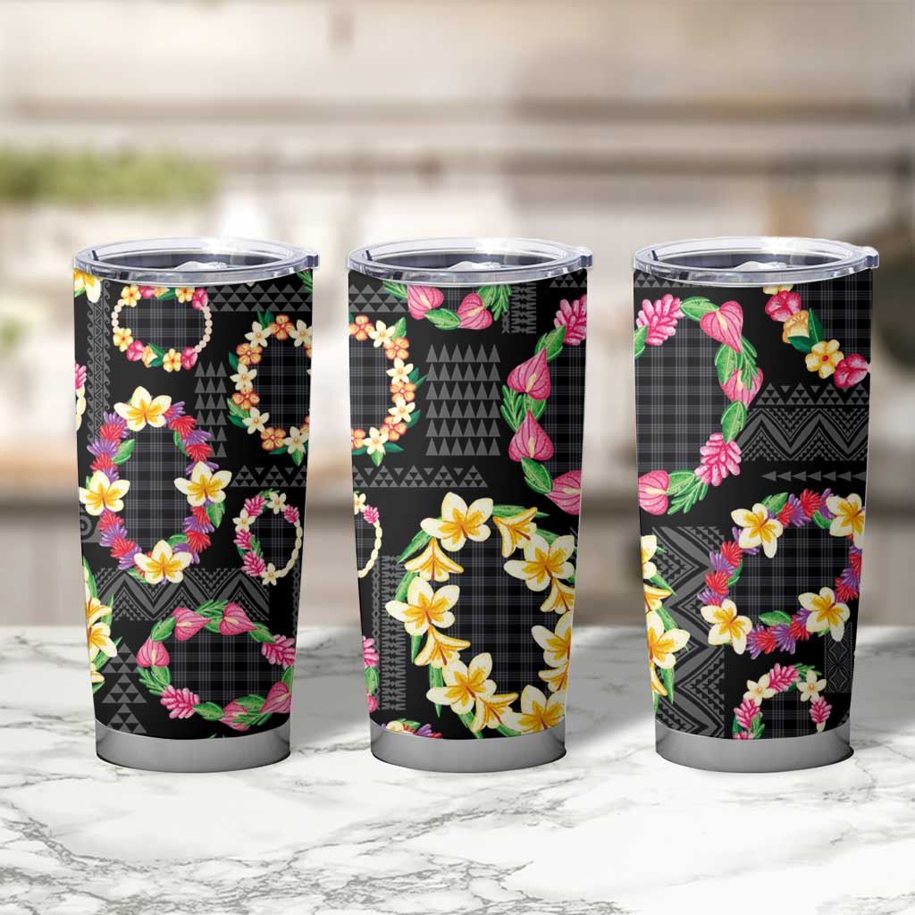 Hawaiian Kakau Tattoo Leis and Palaka Pattern Tumbler Cup Traditional Aloha Tribal Black Color