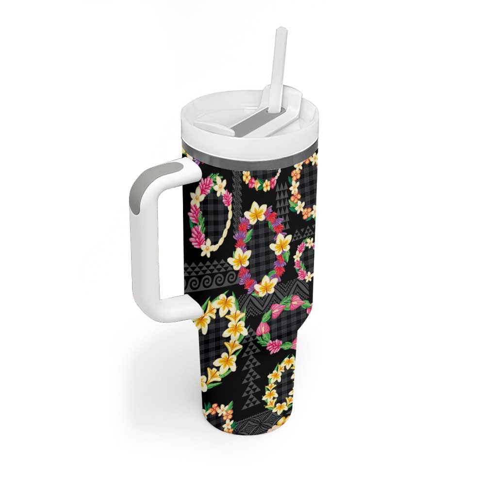 Hawaiian Kakau Tattoo Leis and Palaka Pattern Tumbler With Handle Traditional Aloha Tribal Black Color