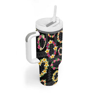 Hawaiian Kakau Tattoo Leis and Palaka Pattern Tumbler With Handle Traditional Aloha Tribal Black Color