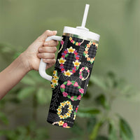 Hawaiian Kakau Tattoo Leis and Palaka Pattern Tumbler With Handle Traditional Aloha Tribal Black Color