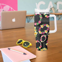 Hawaiian Kakau Tattoo Leis and Palaka Pattern Tumbler With Handle Traditional Aloha Tribal Black Color