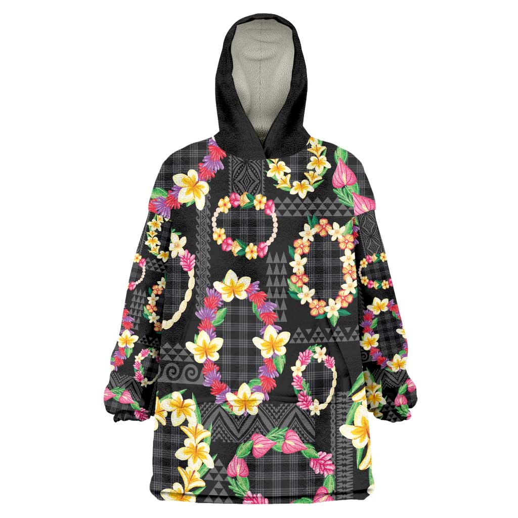 Hawaiian Kakau Tattoo Leis and Palaka Pattern Wearable Blanket Hoodie Traditional Aloha Tribal Black Color