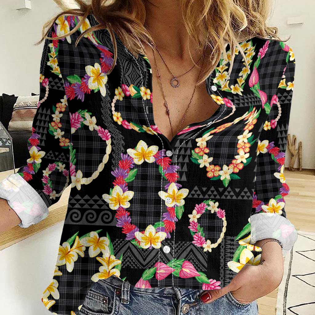Hawaiian Kakau Tattoo Leis and Palaka Pattern Women Casual Shirt Traditional Aloha Tribal Black Color