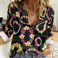Hawaiian Kakau Tattoo Leis and Palaka Pattern Women Casual Shirt Traditional Aloha Tribal Black Color