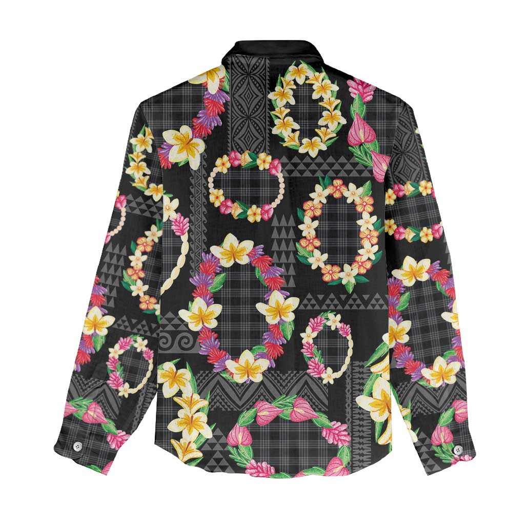 Hawaiian Kakau Tattoo Leis and Palaka Pattern Women Casual Shirt Traditional Aloha Tribal Black Color