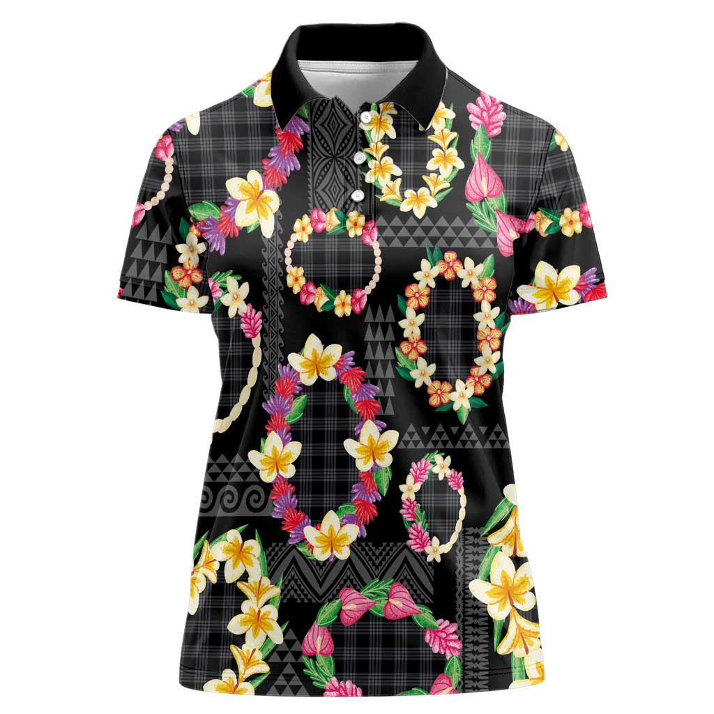 Hawaiian Kakau Tattoo Leis and Palaka Pattern Women Polo Shirt Traditional Aloha Tribal Black Color