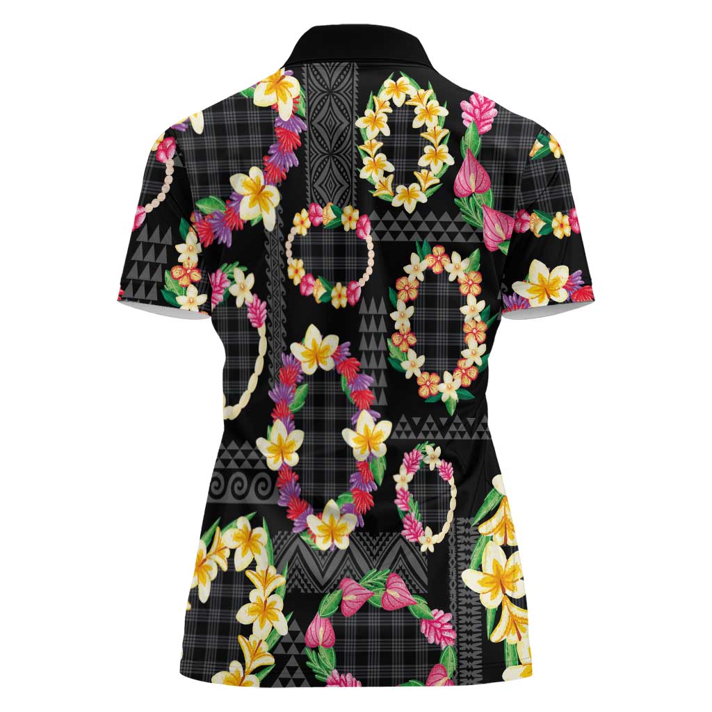 Hawaiian Kakau Tattoo Leis and Palaka Pattern Women Polo Shirt Traditional Aloha Tribal Black Color