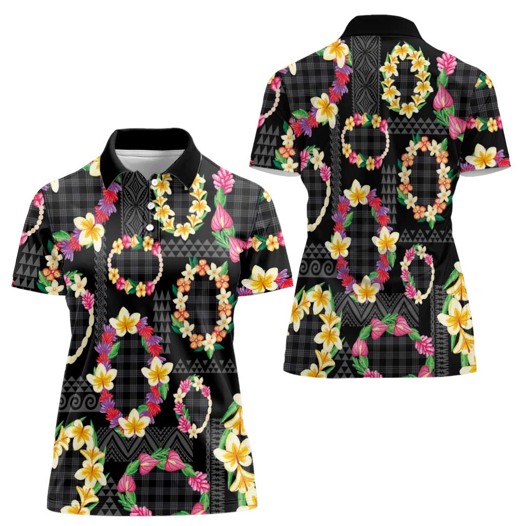 Hawaiian Kakau Tattoo Leis and Palaka Pattern Women Polo Shirt Traditional Aloha Tribal Black Color