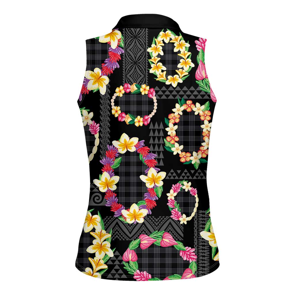 Hawaiian Kakau Tattoo Leis and Palaka Pattern Women Sleeveless Polo Shirt Traditional Aloha Tribal Black Color
