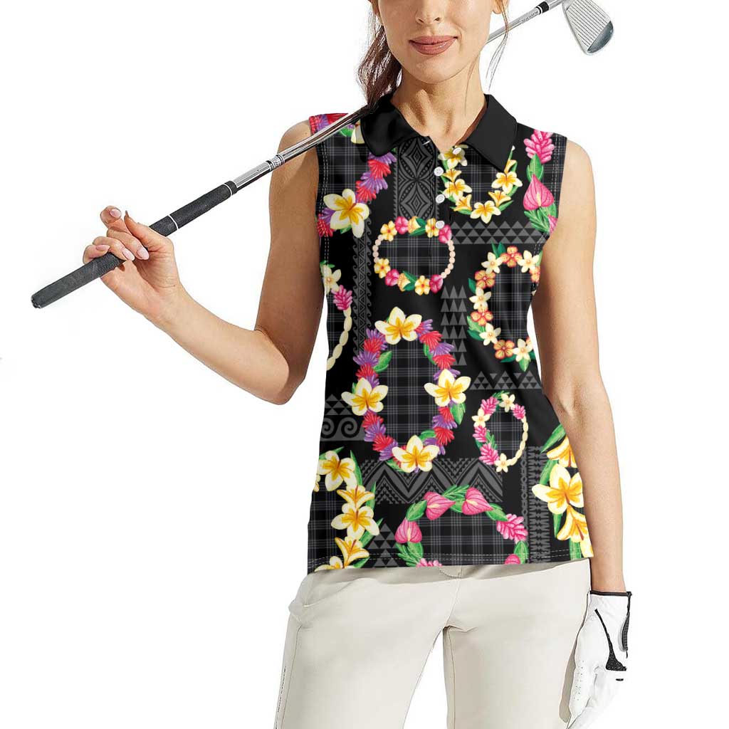 Hawaiian Kakau Tattoo Leis and Palaka Pattern Women Sleeveless Polo Shirt Traditional Aloha Tribal Black Color