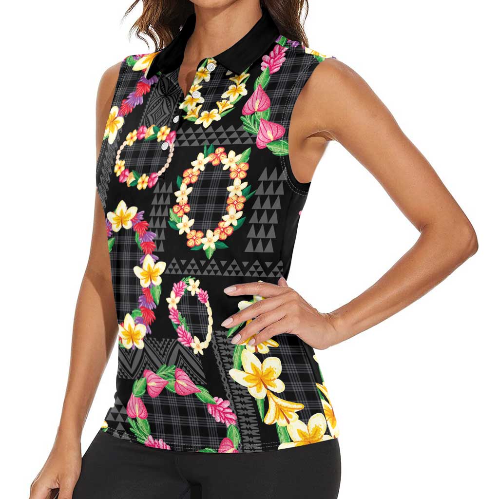 Hawaiian Kakau Tattoo Leis and Palaka Pattern Women Sleeveless Polo Shirt Traditional Aloha Tribal Black Color