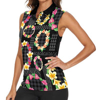 Hawaiian Kakau Tattoo Leis and Palaka Pattern Women Sleeveless Polo Shirt Traditional Aloha Tribal Black Color
