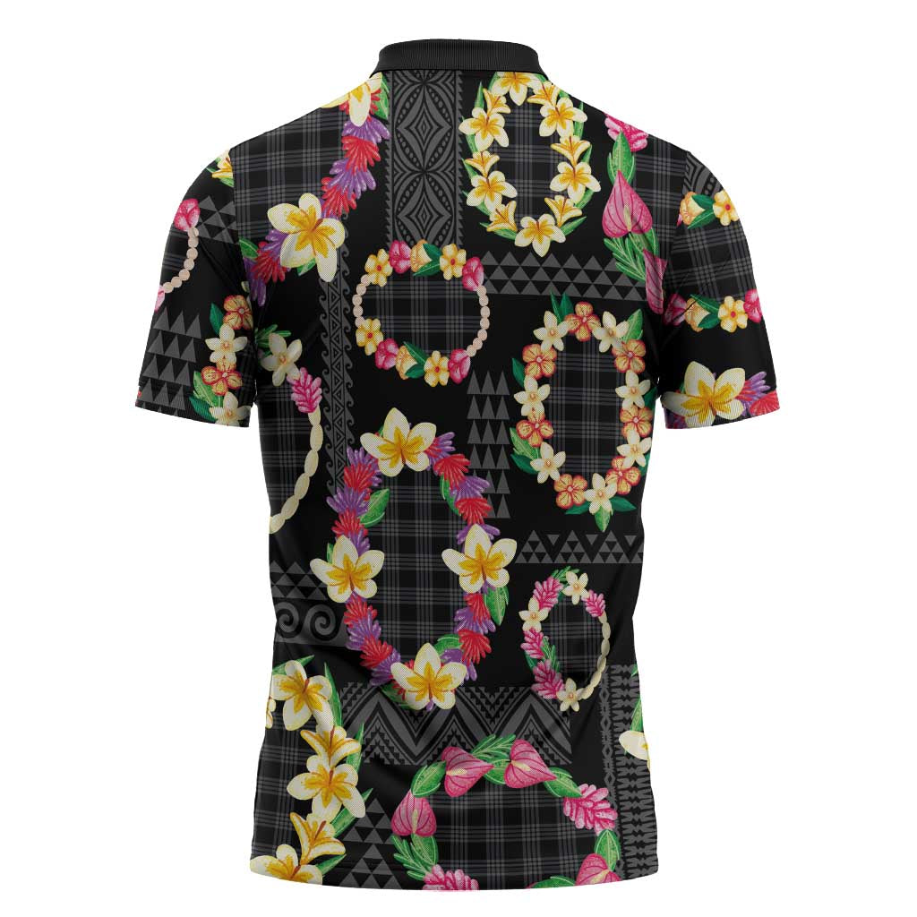 Hawaiian Kakau Tattoo Leis and Palaka Pattern Zipper Polo Shirt Traditional Aloha Tribal Black Color