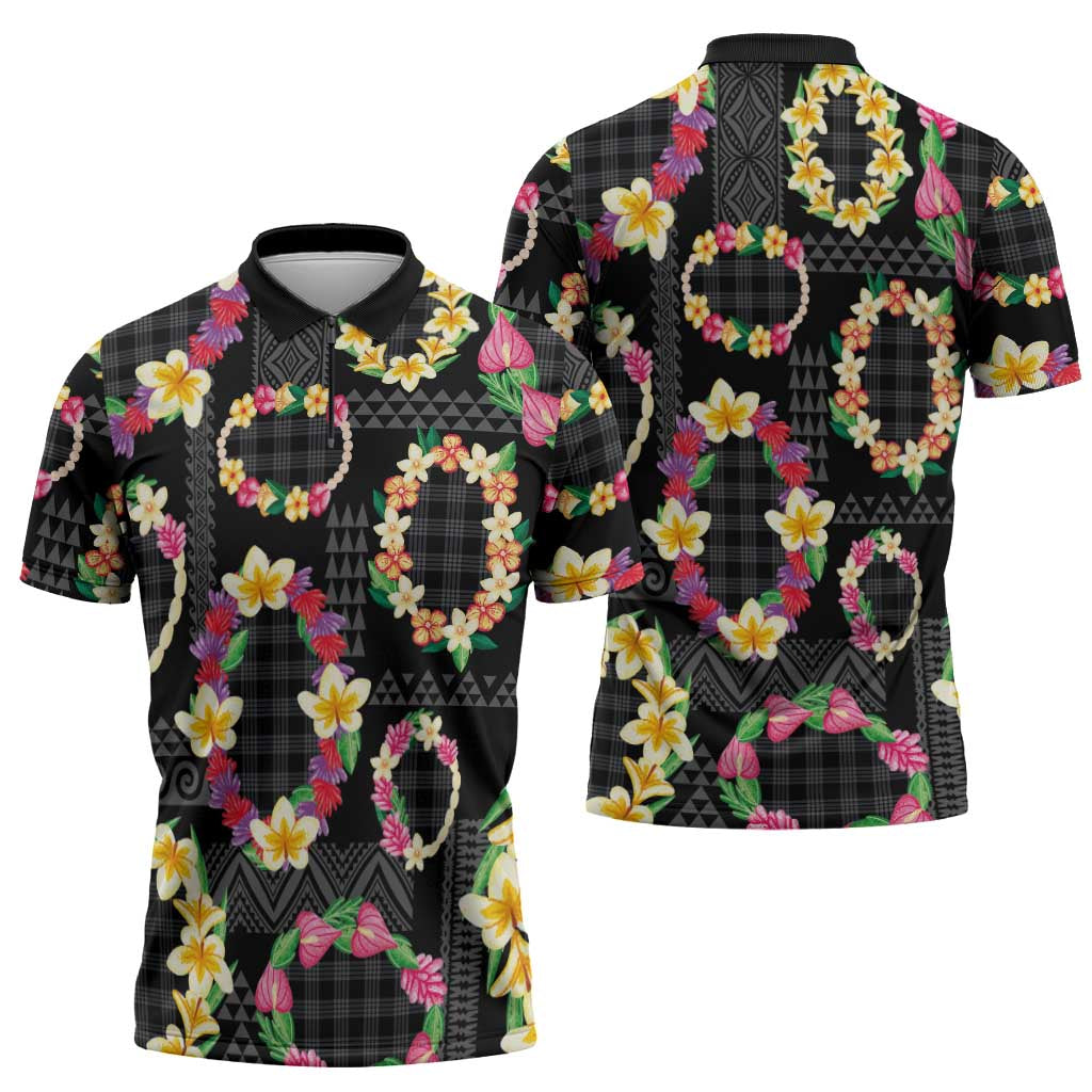 Hawaiian Kakau Tattoo Leis and Palaka Pattern Zipper Polo Shirt Traditional Aloha Tribal Black Color
