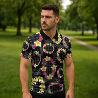 Hawaiian Kakau Tattoo Leis and Palaka Pattern Zipper Polo Shirt Traditional Aloha Tribal Black Color