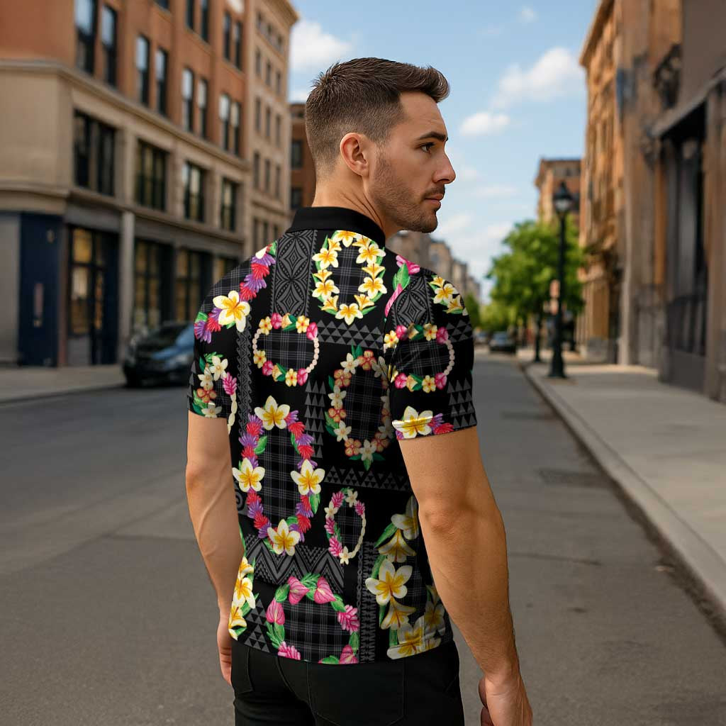 Hawaiian Kakau Tattoo Leis and Palaka Pattern Zipper Polo Shirt Traditional Aloha Tribal Black Color