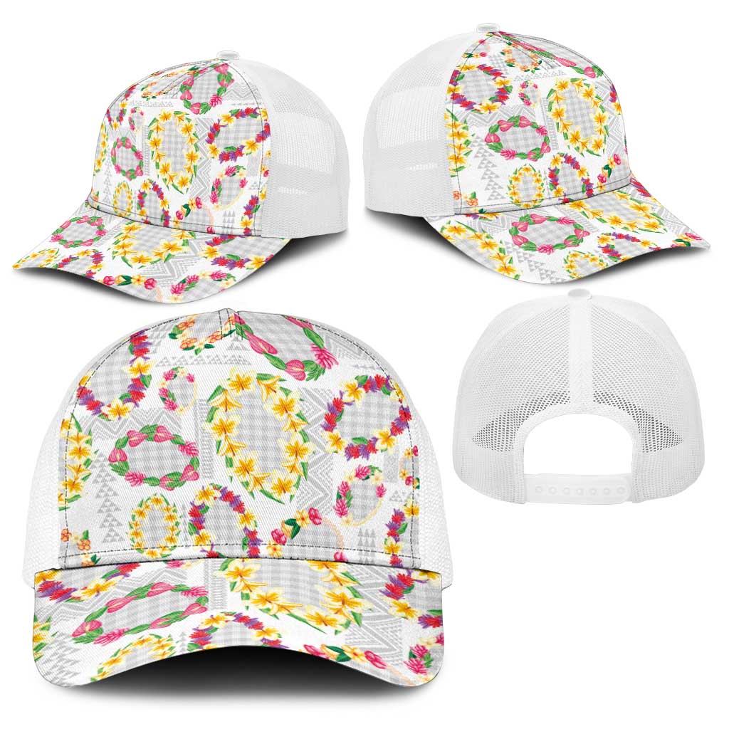 Hawaiian Kakau Tattoo Leis and Palaka Pattern Baseball Net Cap Traditional Aloha Tribal White Color