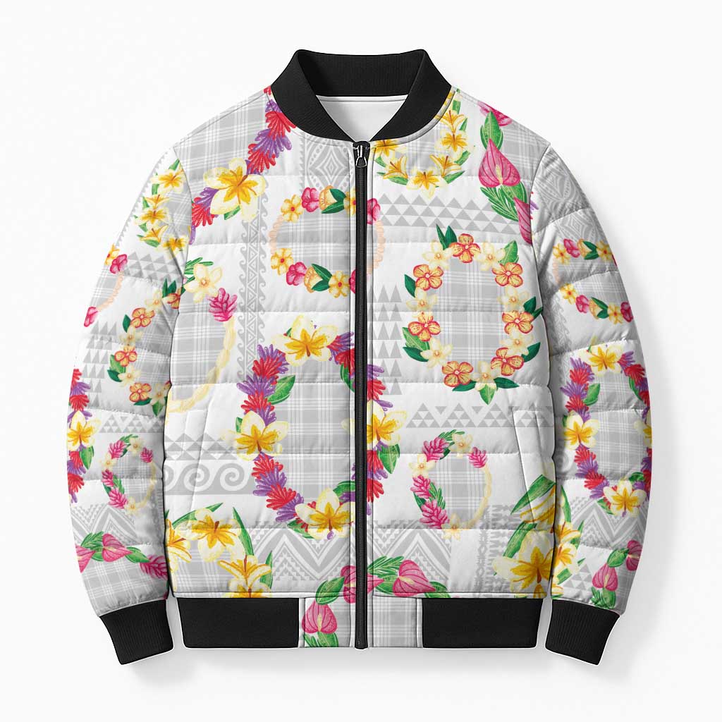 Hawaiian Kakau Tattoo Leis and Palaka Pattern Bomber Puffer Jacket Traditional Aloha Tribal White Color
