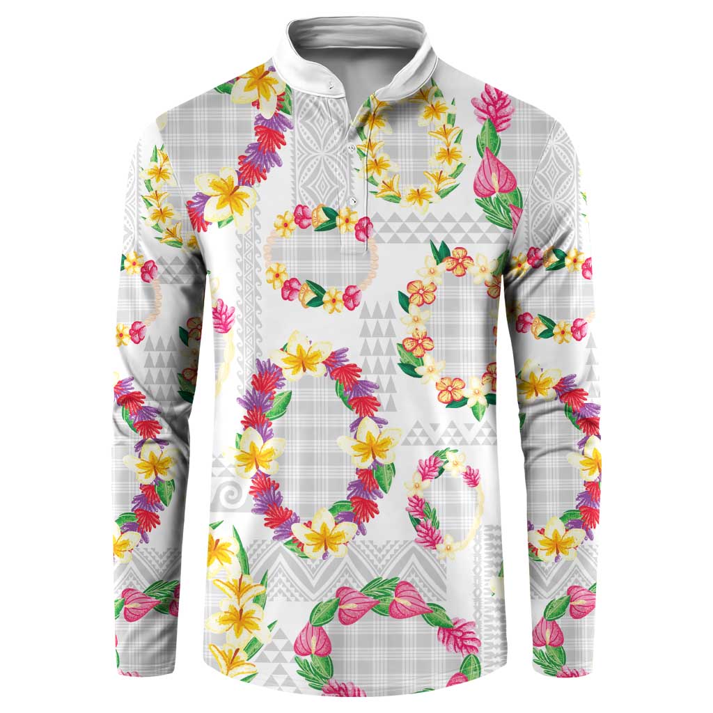 Hawaiian Kakau Tattoo Leis and Palaka Pattern Button Sweatshirt Traditional Aloha Tribal White Color