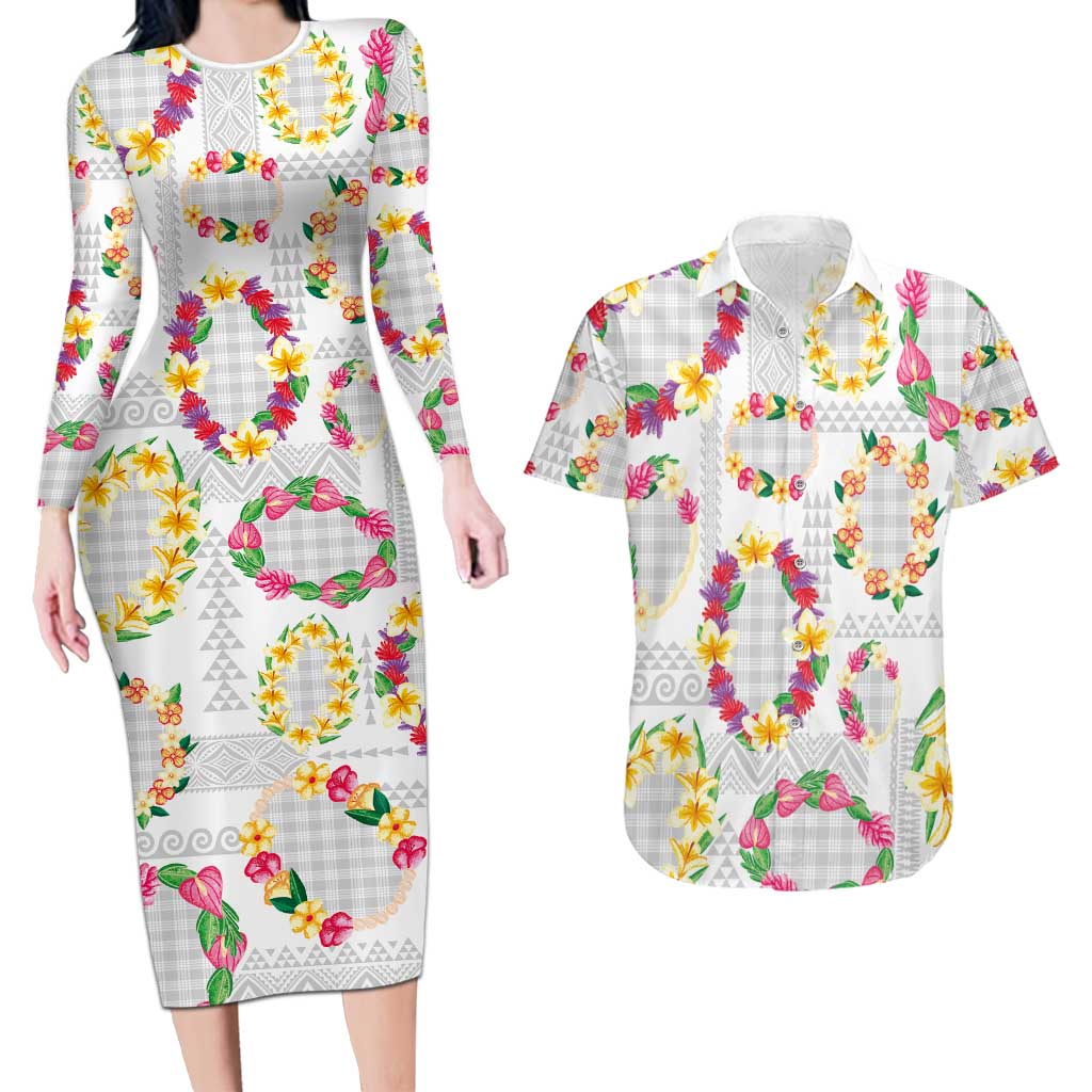 Hawaiian Kakau Tattoo Leis and Palaka Pattern Couples Matching Long Sleeve Bodycon Dress and Hawaiian Shirt Traditional Aloha Tribal White Color