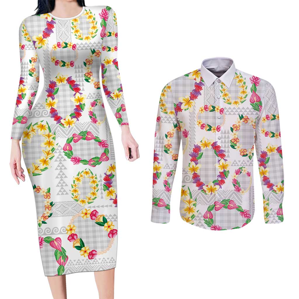 Hawaiian Kakau Tattoo Leis and Palaka Pattern Couples Matching Long Sleeve Bodycon Dress and Long Sleeve Button Shirt Traditional Aloha Tribal White Color LT03 White - Polynesian Pride