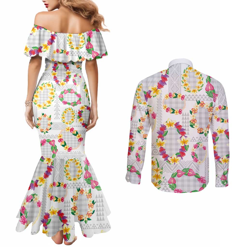 Hawaiian Kakau Tattoo Leis and Palaka Pattern Couples Matching Mermaid Dress and Long Sleeve Button Shirt Traditional Aloha Tribal White Color