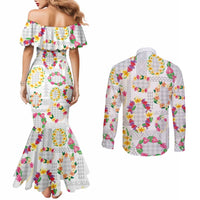 Hawaiian Kakau Tattoo Leis and Palaka Pattern Couples Matching Mermaid Dress and Long Sleeve Button Shirt Traditional Aloha Tribal White Color
