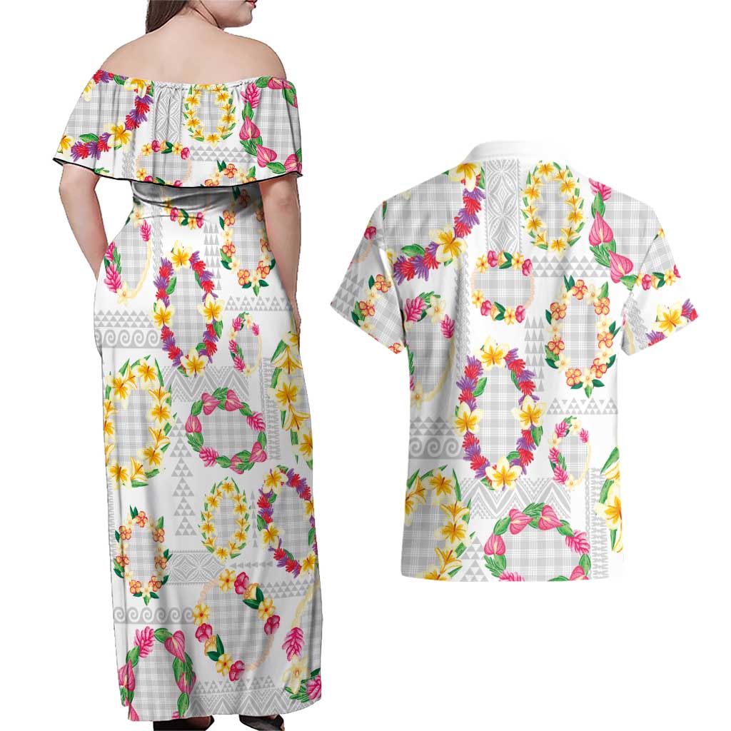 Hawaiian Kakau Tattoo Leis and Palaka Pattern Couples Matching Off Shoulder Maxi Dress and Hawaiian Shirt Traditional Aloha Tribal White Color