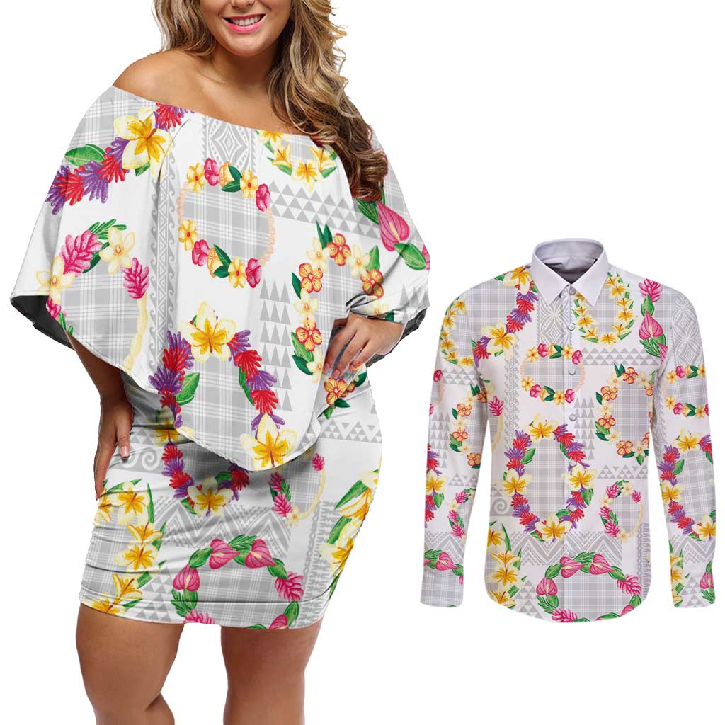 Hawaiian Kakau Tattoo Leis and Palaka Pattern Couples Matching Off Shoulder Short Dress and Long Sleeve Button Shirt Traditional Aloha Tribal White Color