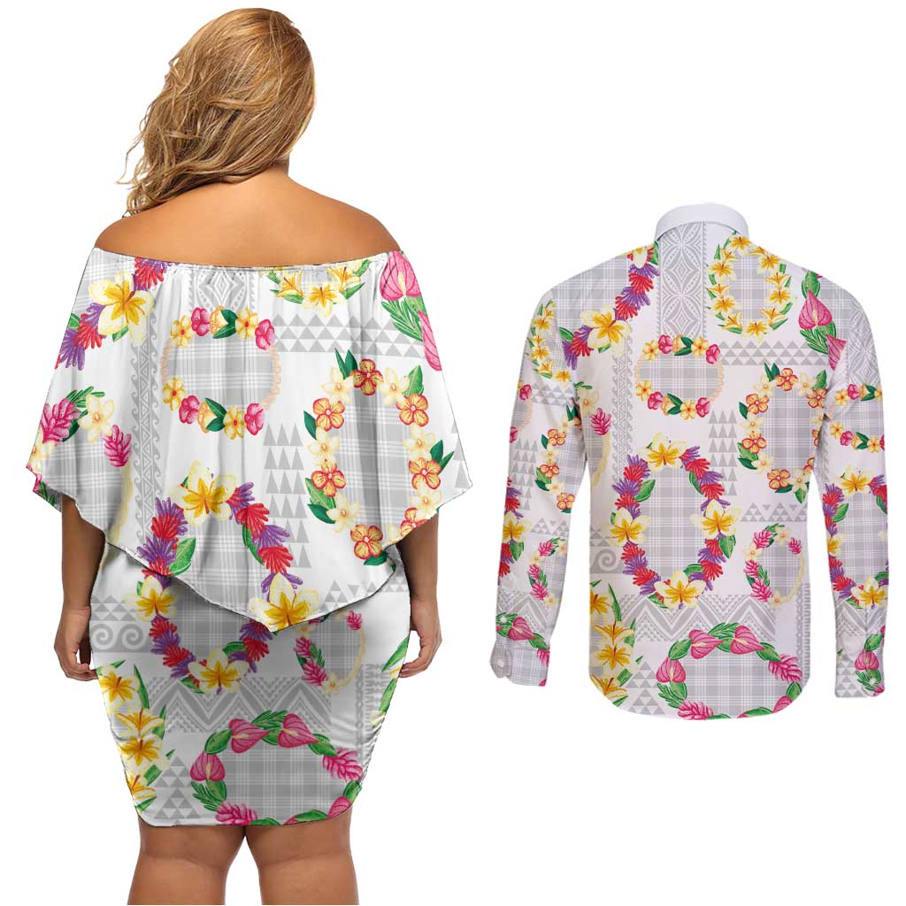 Hawaiian Kakau Tattoo Leis and Palaka Pattern Couples Matching Off Shoulder Short Dress and Long Sleeve Button Shirt Traditional Aloha Tribal White Color