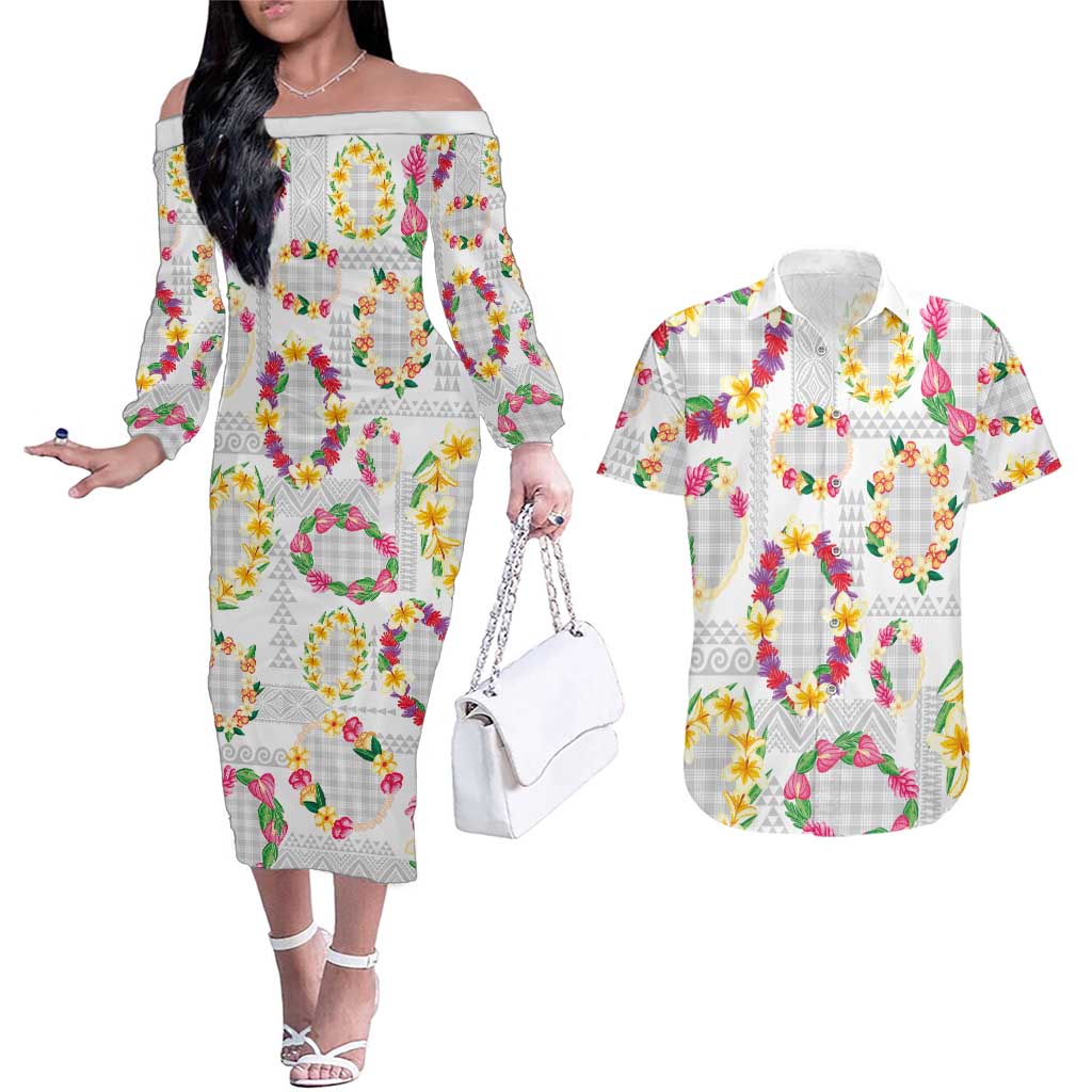 Hawaiian Kakau Tattoo Leis and Palaka Pattern Couples Matching Off The Shoulder Long Sleeve Dress and Hawaiian Shirt Traditional Aloha Tribal White Color LT03 White - Polynesian Pride