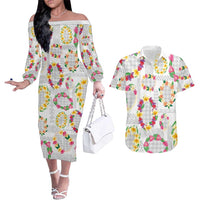 Hawaiian Kakau Tattoo Leis and Palaka Pattern Couples Matching Off The Shoulder Long Sleeve Dress and Hawaiian Shirt Traditional Aloha Tribal White Color LT03 White - Polynesian Pride