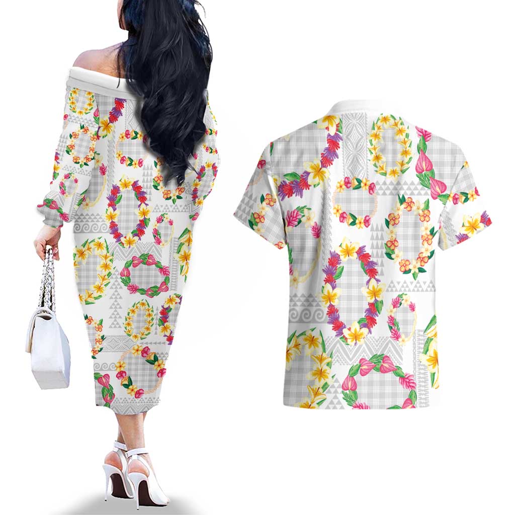 Hawaiian Kakau Tattoo Leis and Palaka Pattern Couples Matching Off The Shoulder Long Sleeve Dress and Hawaiian Shirt Traditional Aloha Tribal White Color LT03 - Polynesian Pride