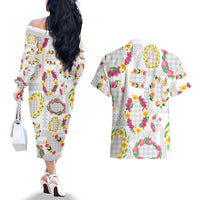 Hawaiian Kakau Tattoo Leis and Palaka Pattern Couples Matching Off The Shoulder Long Sleeve Dress and Hawaiian Shirt Traditional Aloha Tribal White Color LT03 - Polynesian Pride