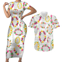 Hawaiian Kakau Tattoo Leis and Palaka Pattern Couples Matching Short Sleeve Bodycon Dress and Hawaiian Shirt Traditional Aloha Tribal White Color