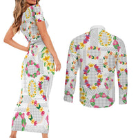 Hawaiian Kakau Tattoo Leis and Palaka Pattern Couples Matching Short Sleeve Bodycon Dress and Long Sleeve Button Shirt Traditional Aloha Tribal White Color