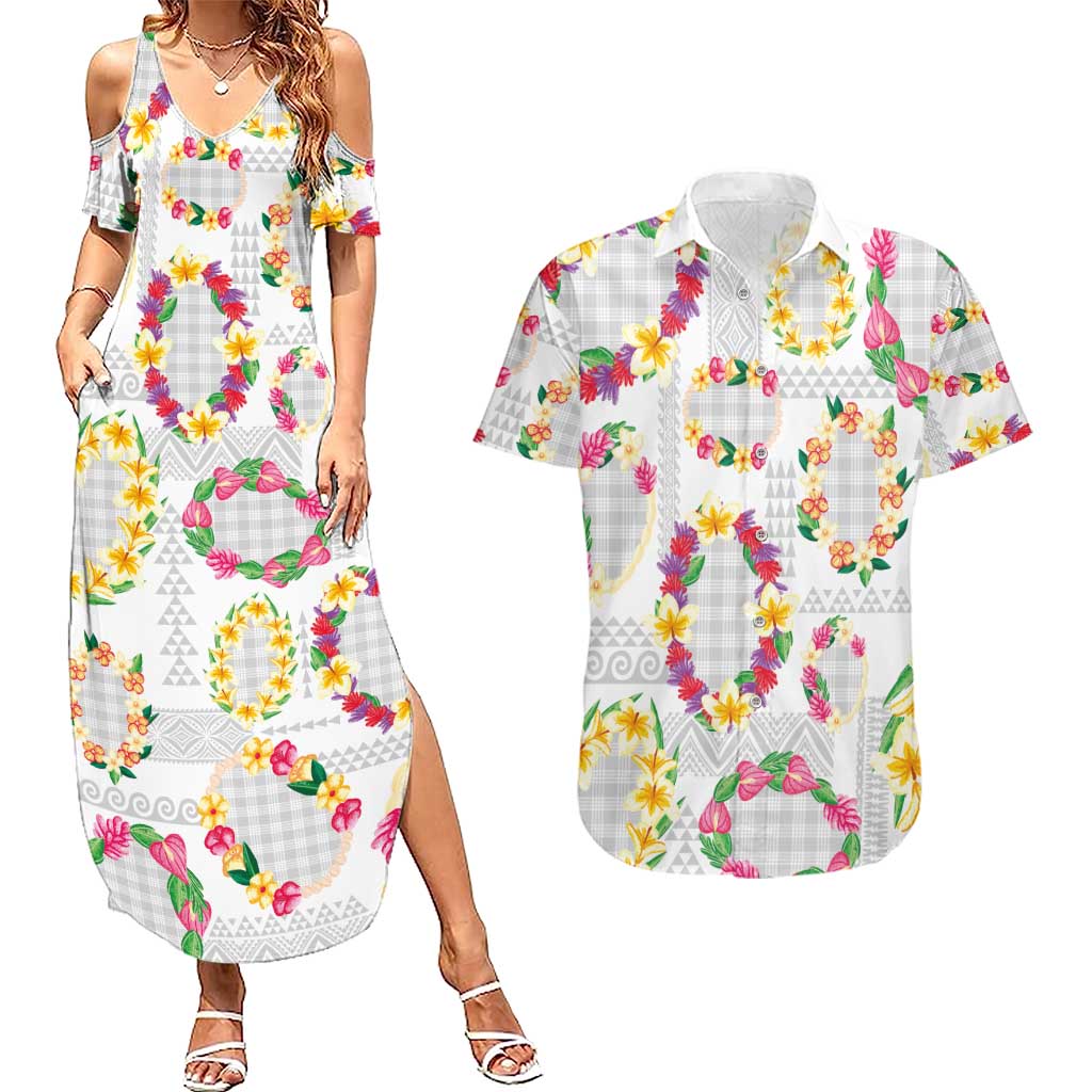 Hawaiian Kakau Tattoo Leis and Palaka Pattern Couples Matching Summer Maxi Dress and Hawaiian Shirt Traditional Aloha Tribal White Color