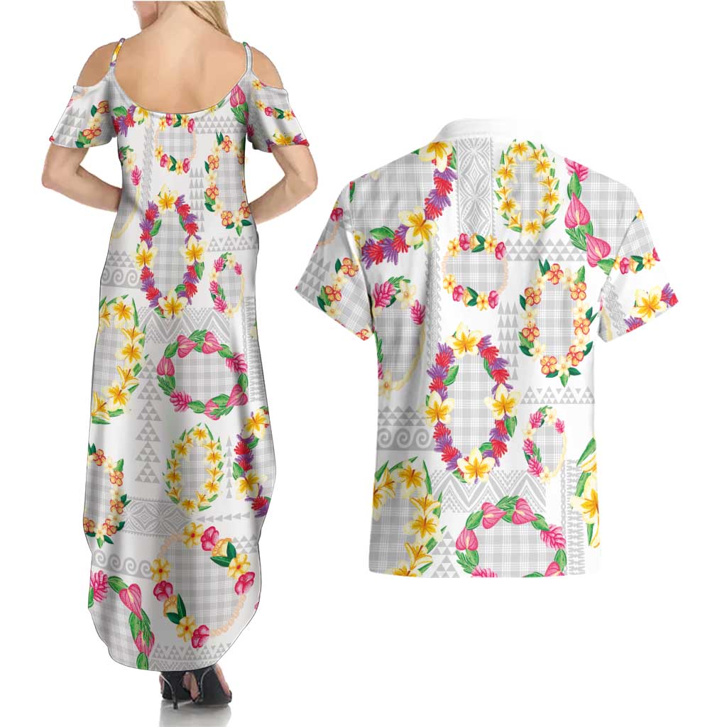 Hawaiian Kakau Tattoo Leis and Palaka Pattern Couples Matching Summer Maxi Dress and Hawaiian Shirt Traditional Aloha Tribal White Color