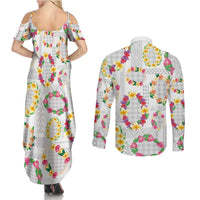 Hawaiian Kakau Tattoo Leis and Palaka Pattern Couples Matching Summer Maxi Dress and Long Sleeve Button Shirt Traditional Aloha Tribal White Color