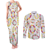 Hawaiian Kakau Tattoo Leis and Palaka Pattern Couples Matching Tank Maxi Dress and Long Sleeve Button Shirt Traditional Aloha Tribal White Color