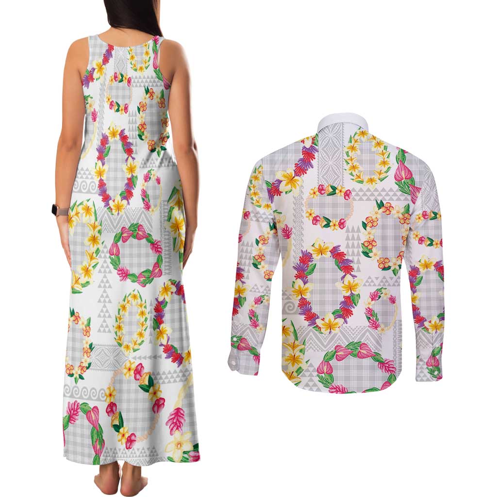 Hawaiian Kakau Tattoo Leis and Palaka Pattern Couples Matching Tank Maxi Dress and Long Sleeve Button Shirt Traditional Aloha Tribal White Color