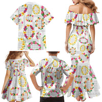 Hawaiian Kakau Tattoo Leis and Palaka Pattern Family Matching Mermaid Dress and Hawaiian Shirt Traditional Aloha Tribal White Color