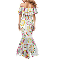 Hawaiian Kakau Tattoo Leis and Palaka Pattern Family Matching Mermaid Dress and Hawaiian Shirt Traditional Aloha Tribal White Color