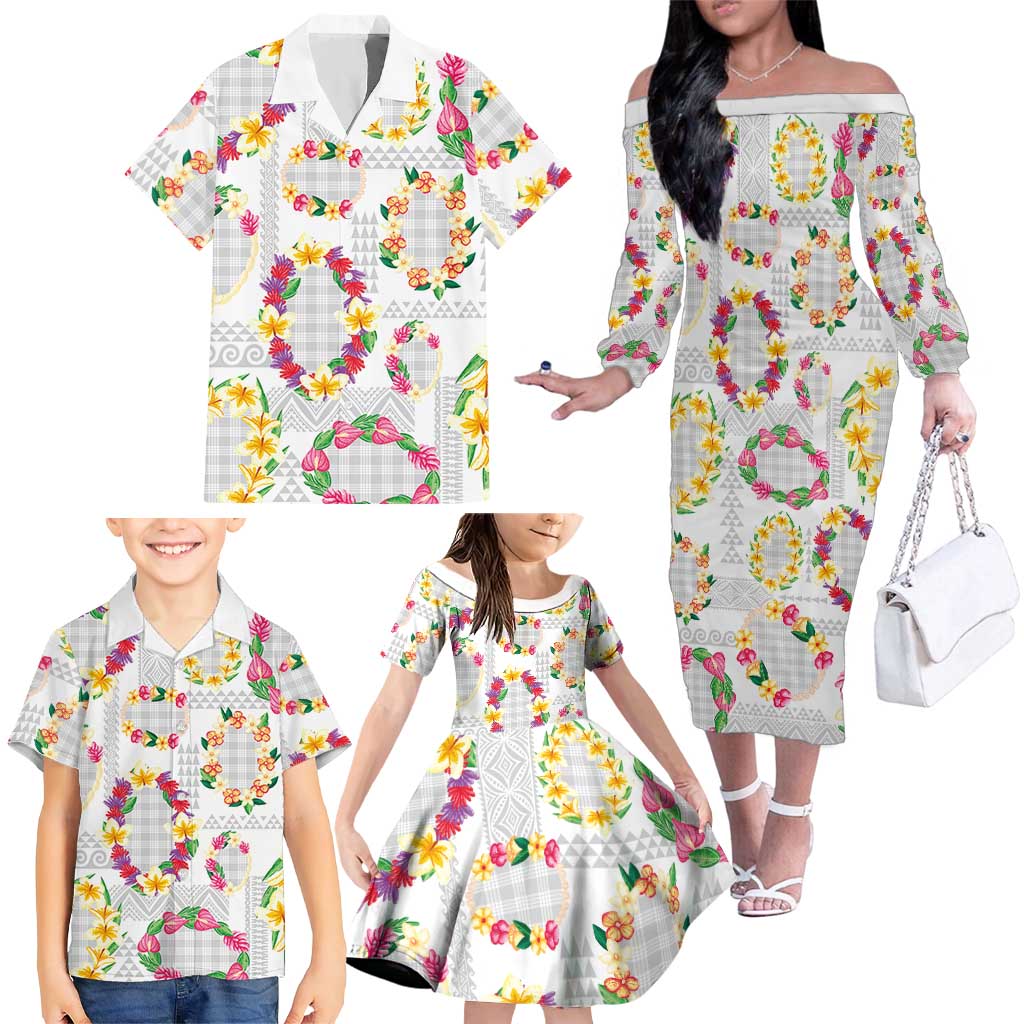 Hawaiian Kakau Tattoo Leis and Palaka Pattern Family Matching Off The Shoulder Long Sleeve Dress and Hawaiian Shirt Traditional Aloha Tribal White Color
